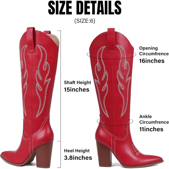 Women's Red Pu Rhinestones Embroidered Pointed Toe Chunky Heel Knee High Boots - Picture 6 of 7